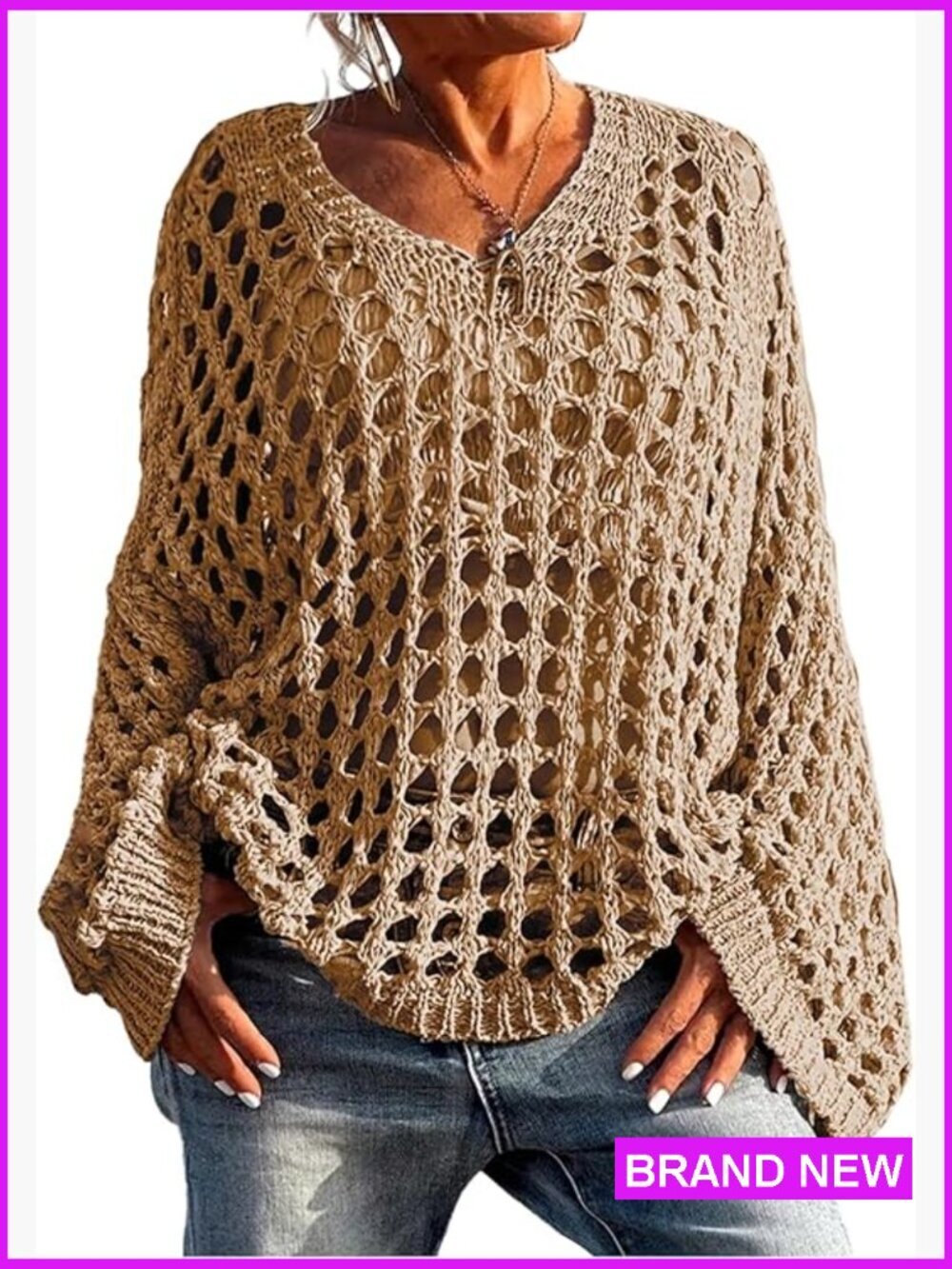 Oversized Crochet Sweater Pullover Hollow Out Long Sleeve See Through V Neck